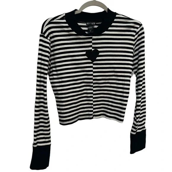 HOT TOPIC Black & White Stripe Heart Mock Heart Front Long-Sleeve Top Xl - Picture 8 of 11